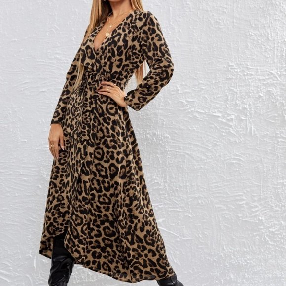 Leopard Print Self Belted Wrap maxi Dress - Picture 5 of 5